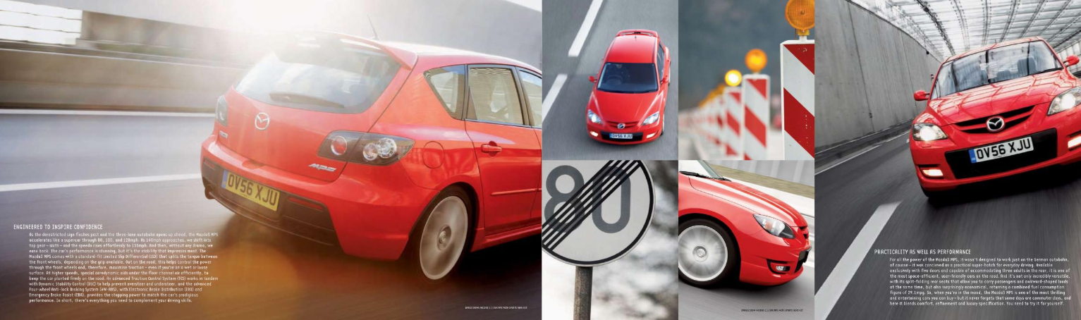 Red Mazda hatchback driving on road and in tunnel, with close-ups of wheels and speed limit sign.