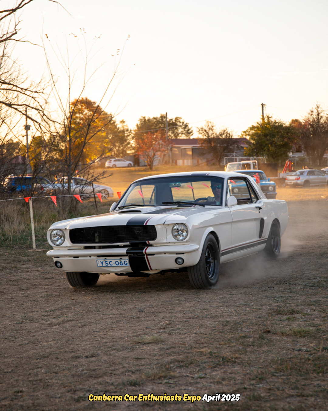 White classic muscle car kicking up dust at outdoor car expo during sunset.
