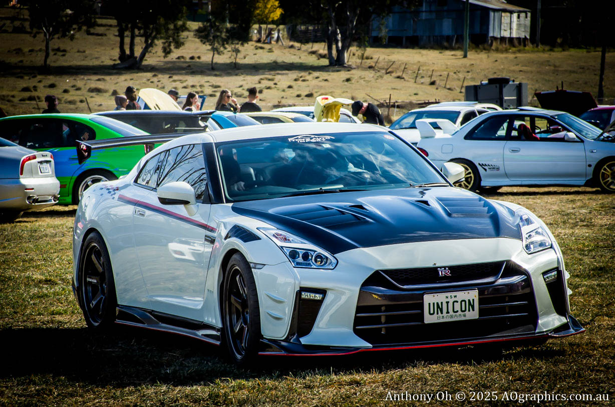 White and black Nissan GT-R parked on grass at an outdoor car meet with other cars in the background.