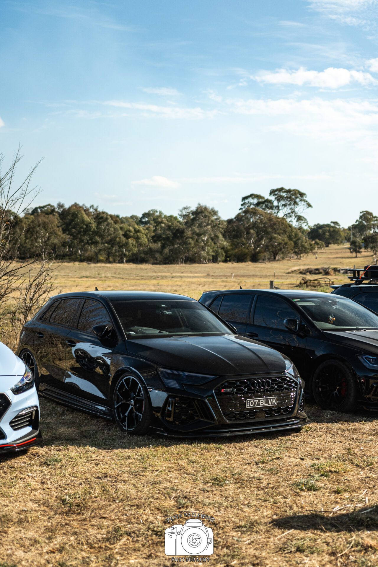 Black Audi RS car parked on grass with other vehicles and trees in the background.