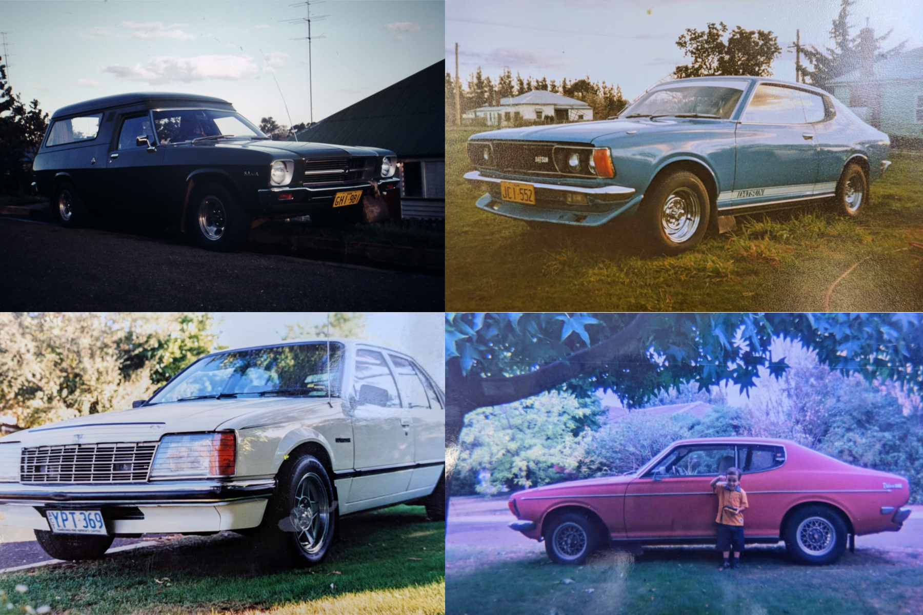 Four vintage cars in outdoor settings with one child standing by a red coupe under trees.