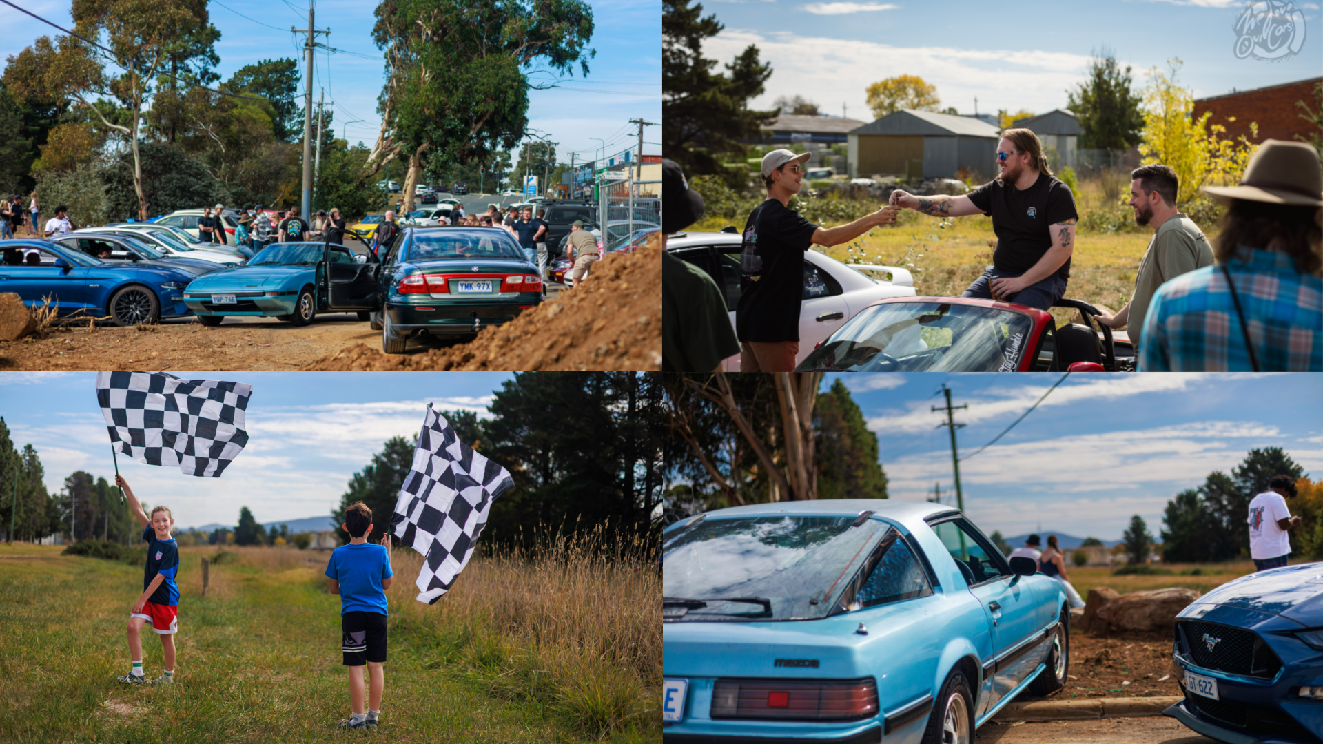 Collage of people and cars at an outdoor car meet with checkered flags and casual socializing.