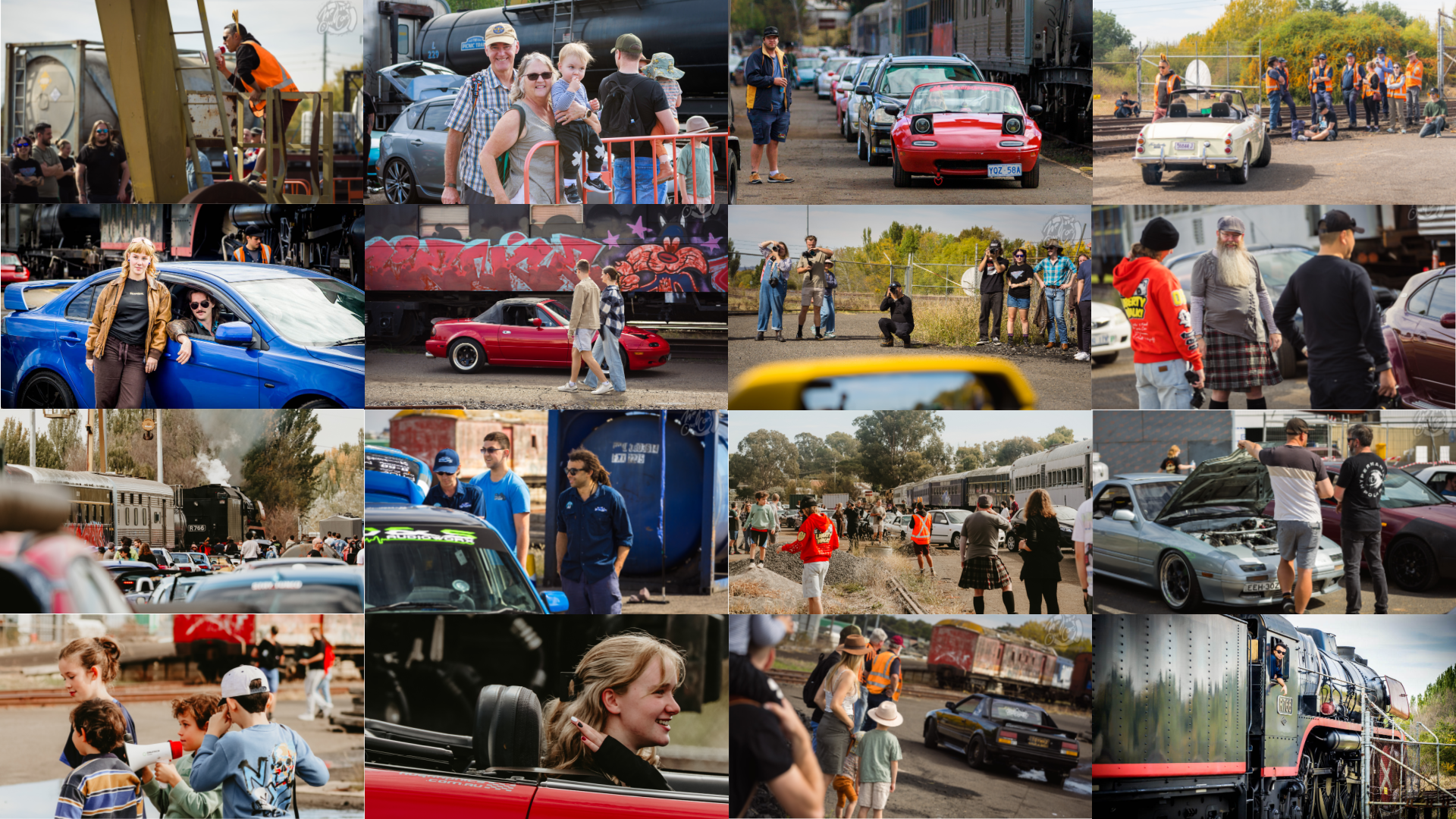 Collage of people interacting near cars and trains at an outdoor event on a sunny day.