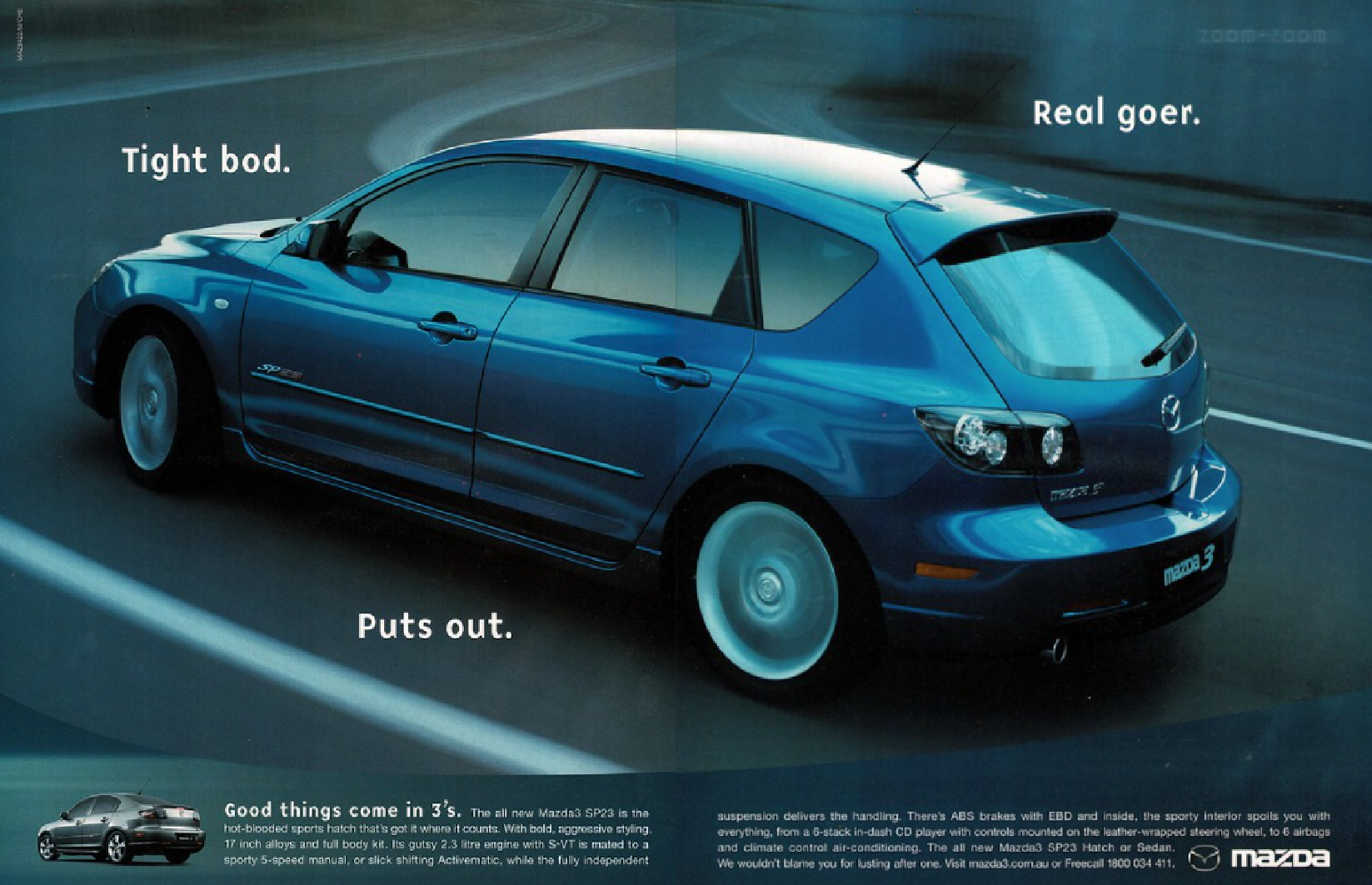 Blue Mazda 3 hatchback driving on a road with text highlighting its sporty design and performance.